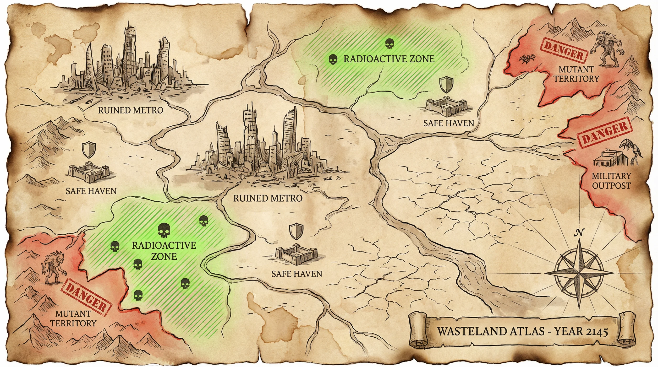 废土世界地图导览，标注了 pg平台 探索区域、安全屋和危险区